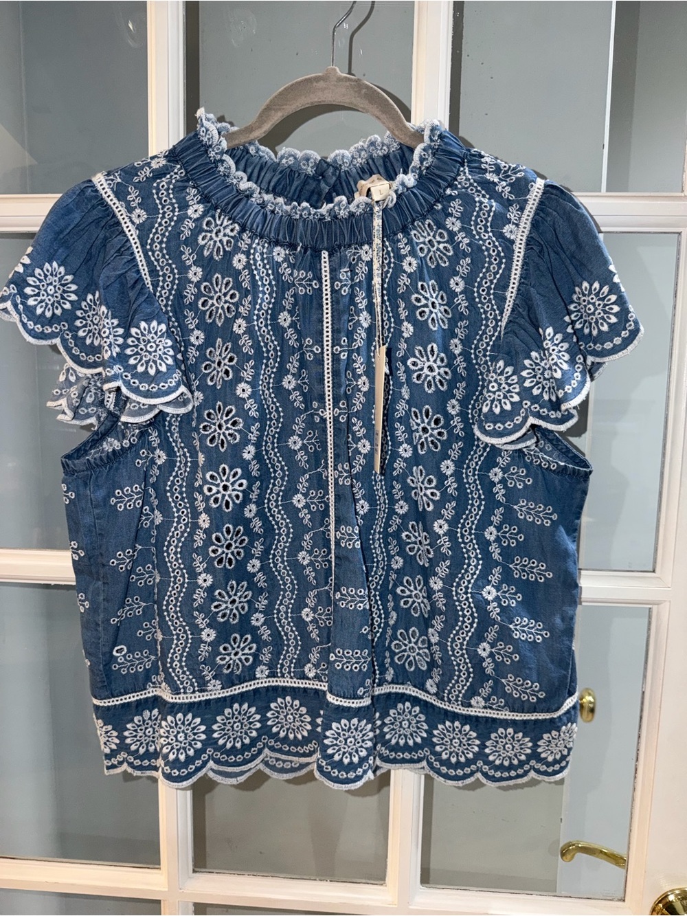 Women’s Jennifer & Grace Blue Lace Top Embroidered Cottage Granny Prairie L New